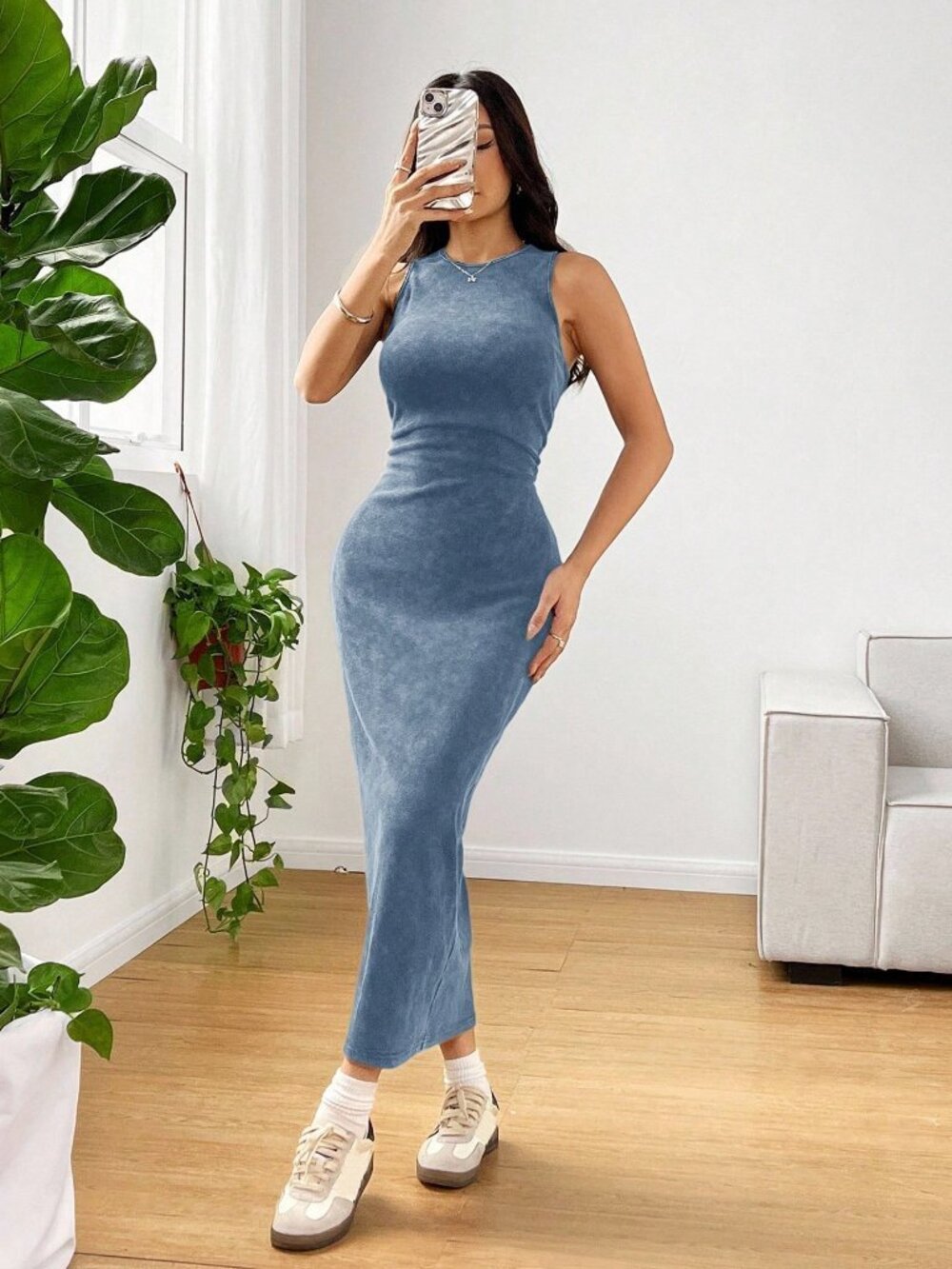 Blue Casual Women's acid wash Sleeveless Round Neck Tank Dress - Picture 3 of 6